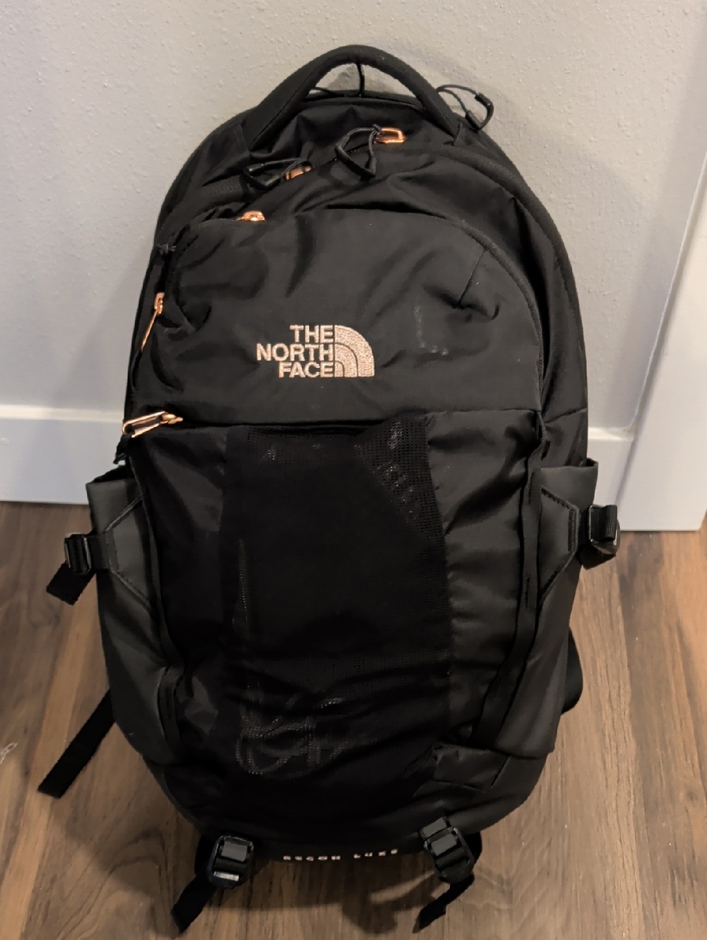 The North Face Recon Luxe Black Backpack with Rose Gold Accents